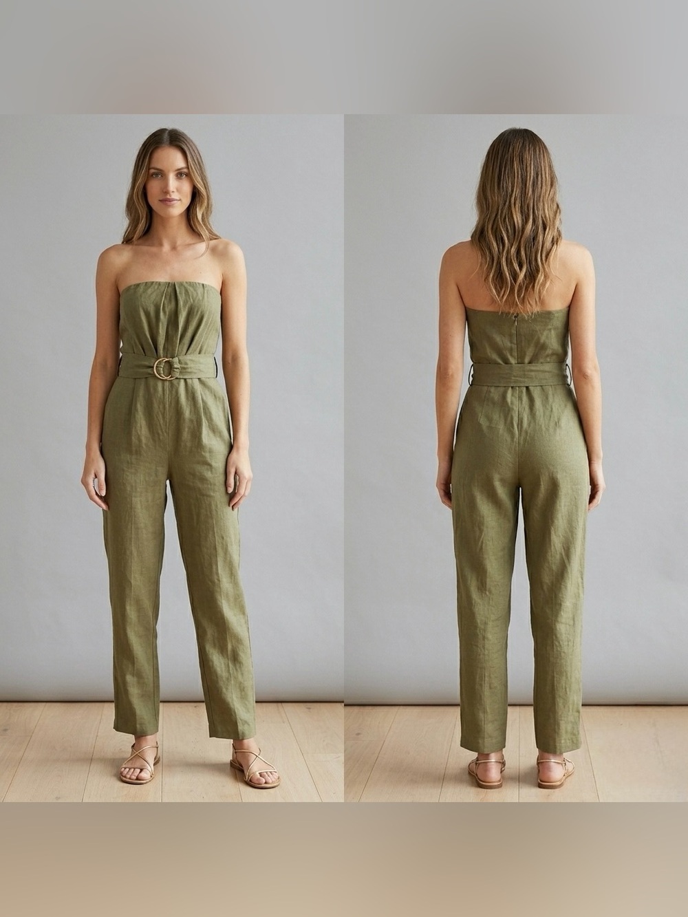 NWT Zara Women’s Textured Belted Olive Strapless Jumpsuit with Pockets Size M